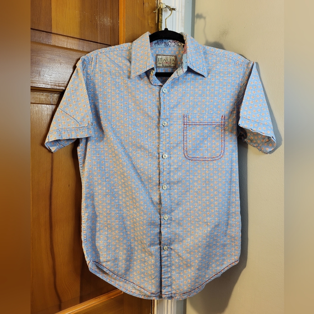 Vintage Italia Men's Short Sleeved Button Up Patterned Shirt